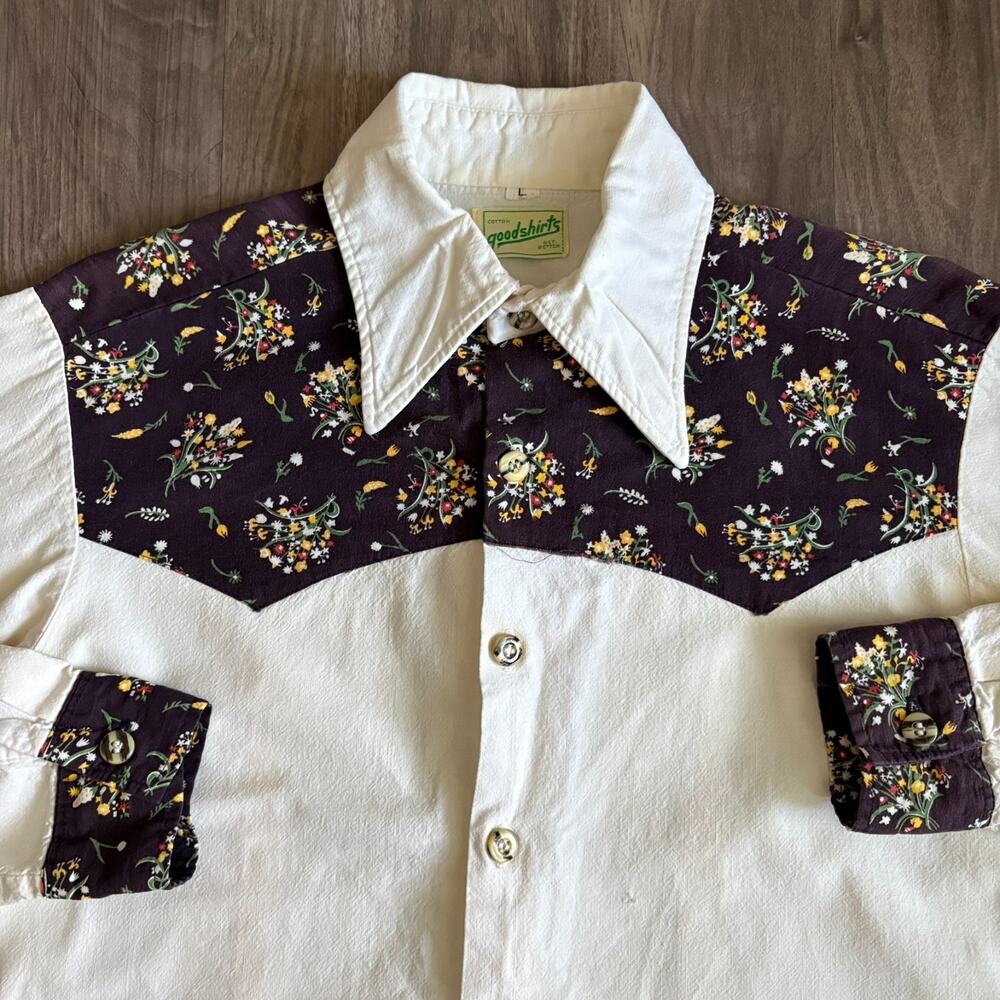 Vintage 1970s Western Shirt Men's Size L Floral Worn Goodshirts RARE